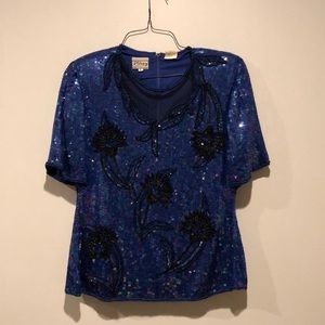 Stenay Vintage Blue Silk Sequin Evening Blouse